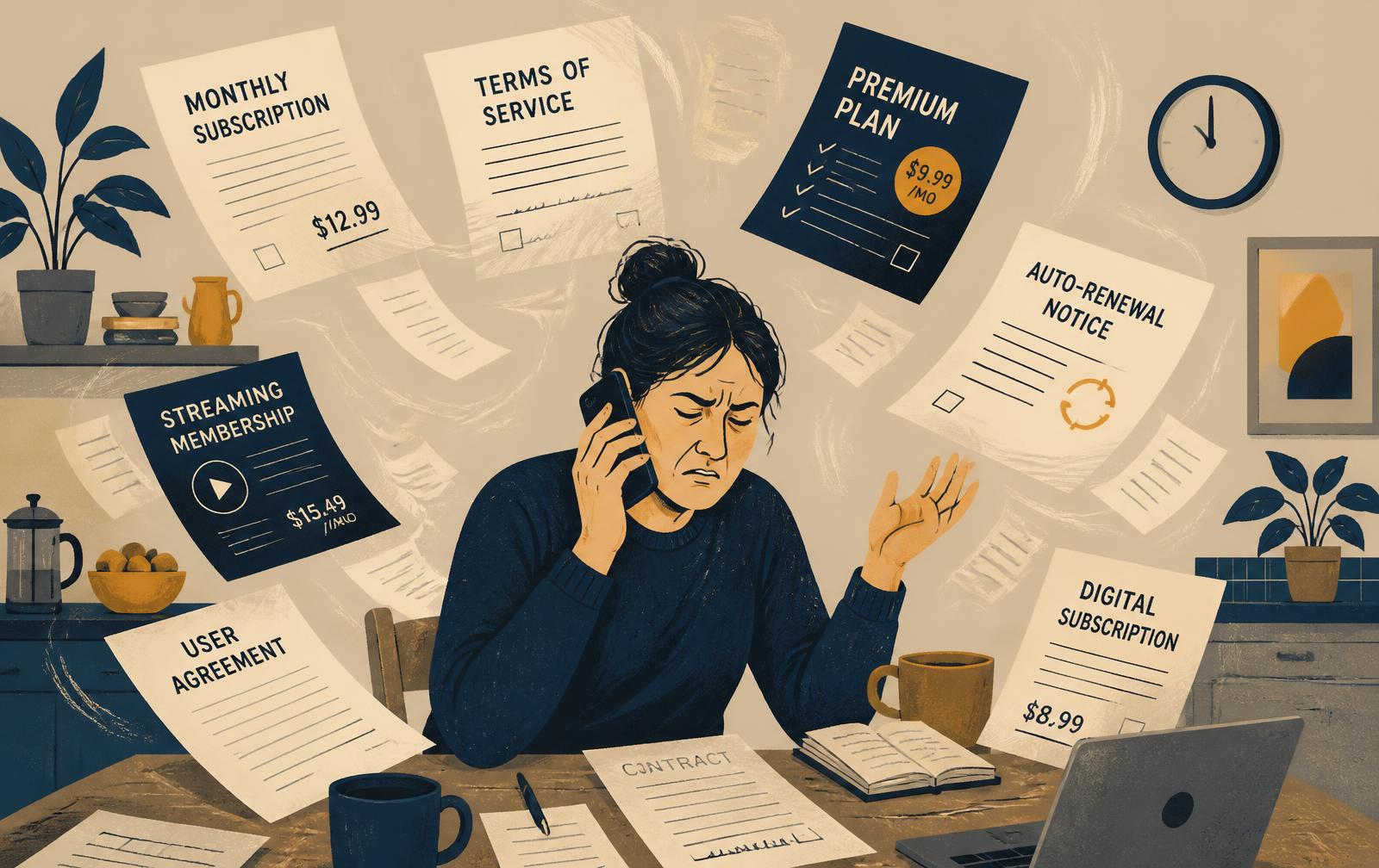 Illustration: Frau am Telefon, umgeben von Vertrags- und Aboformularen